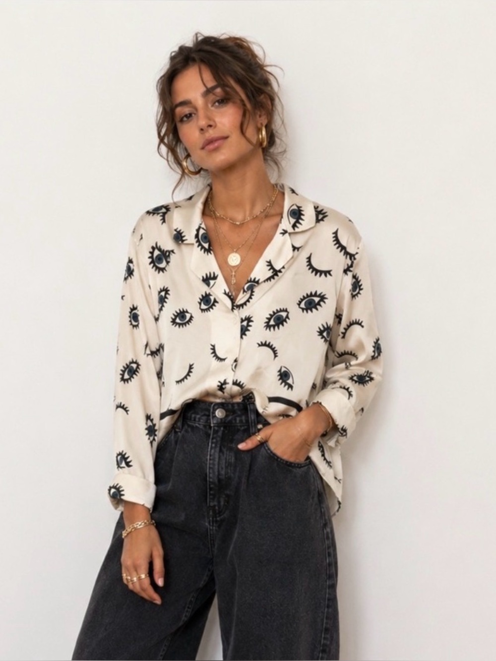 Eye Print Women's Blouse - White and Black